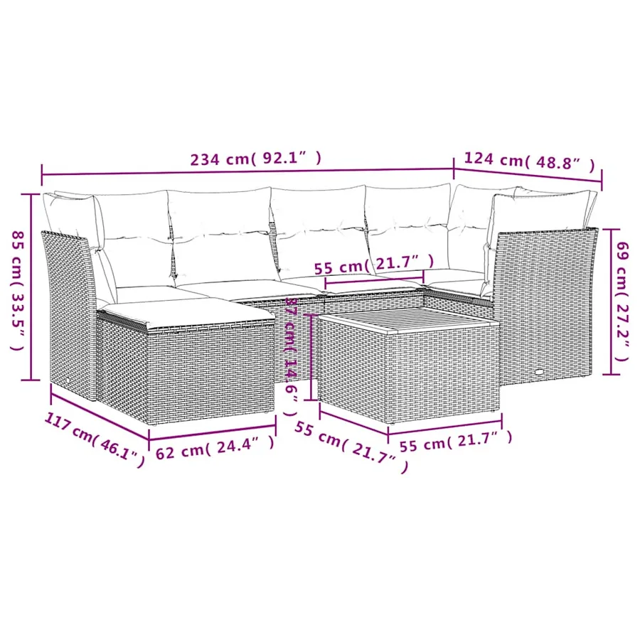 Ensemble de canapé de jardin 7 pcs avec coussins gris résine tressée - 11