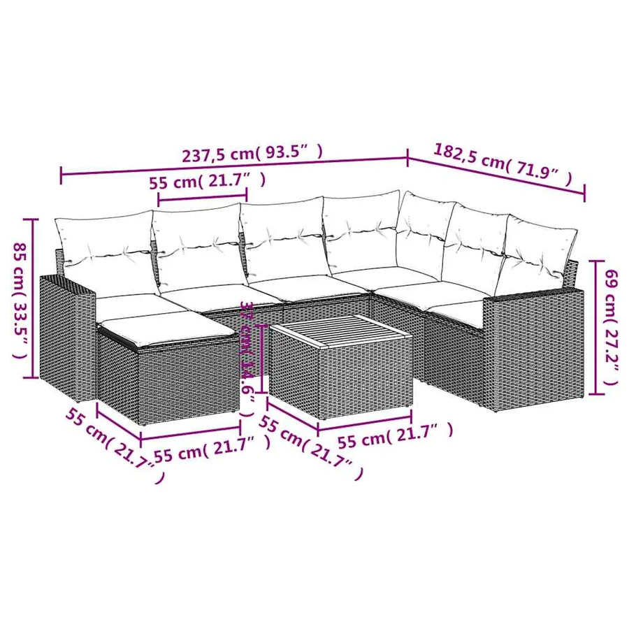 Ensemble de canapé de jardin 8 pcs avec coussins gris résine tressée - 14