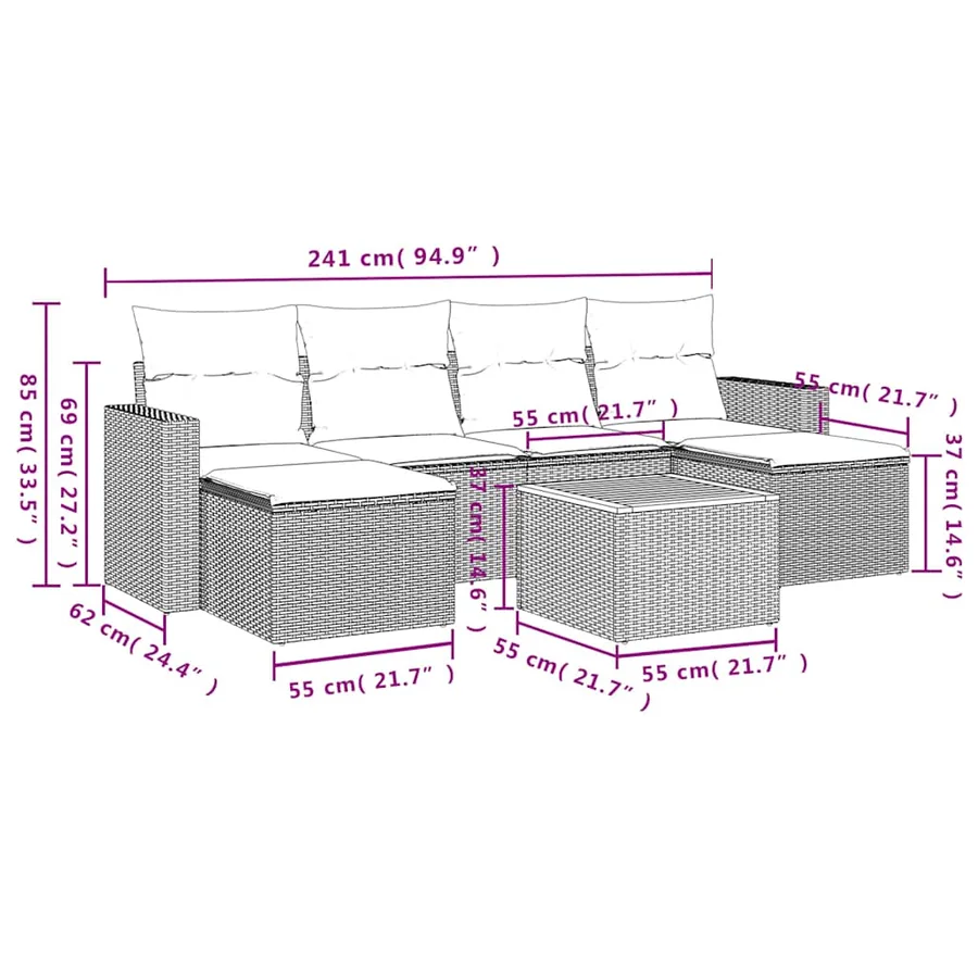 Ensemble de canapé de jardin 7 pcs avec coussins gris résine tressée - 12