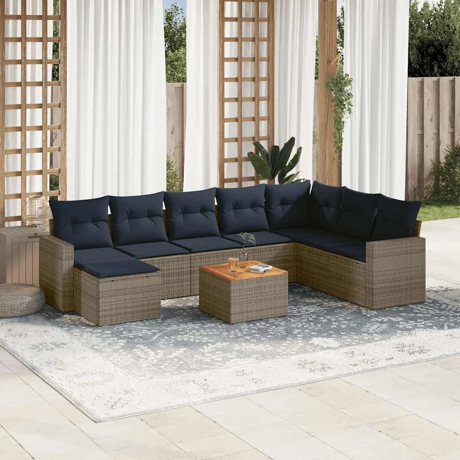 Ensemble de canapé de jardin 9 pcs avec coussins gris résine tressée