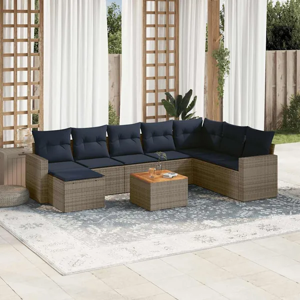 Ensemble de canapé de jardin 9 pcs avec coussins gris résine tressée