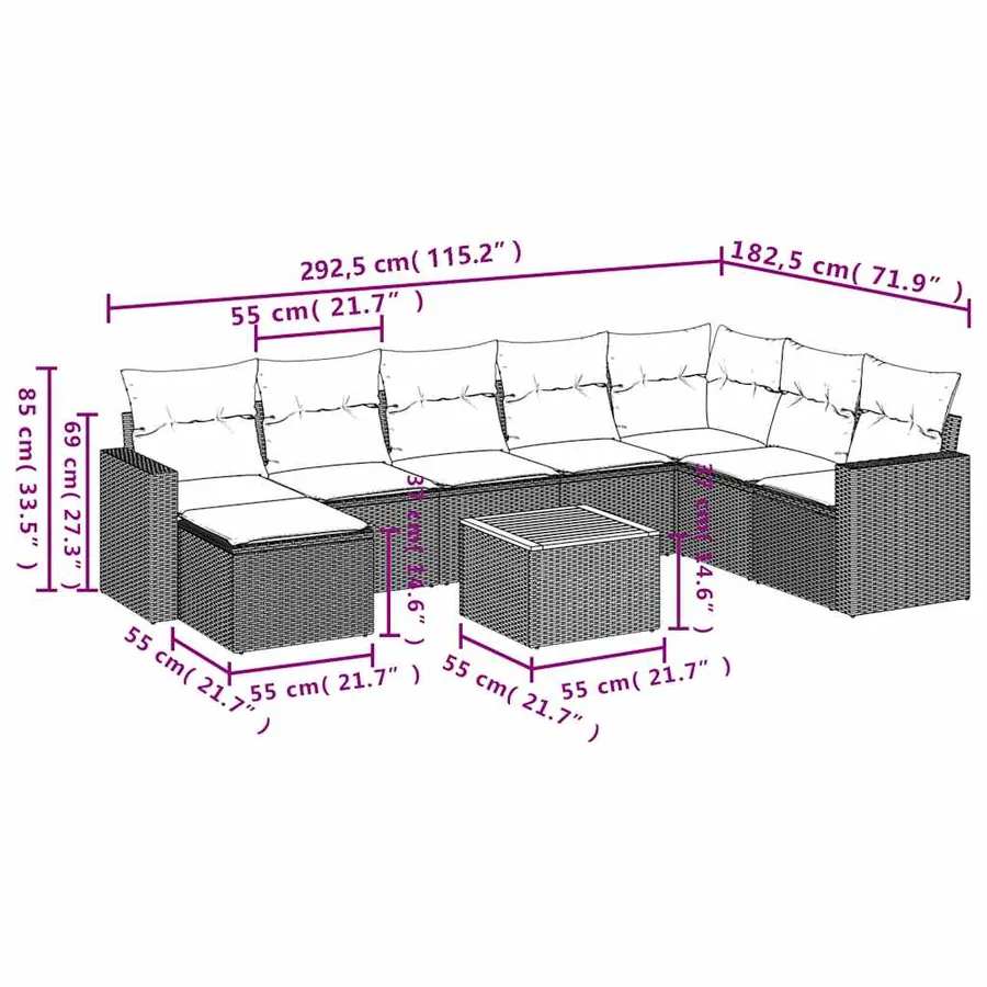 Ensemble de canapé de jardin 9 pcs avec coussins gris résine tressée - 14