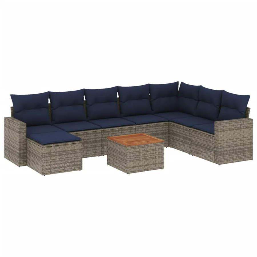 Ensemble de canapé de jardin 9 pcs avec coussins gris résine tressée - 2