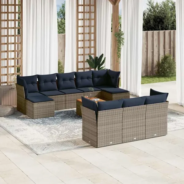 Ensemble de canapé de jardin 11 pcs avec coussins gris résine tressée