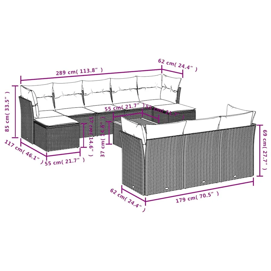 Ensemble de canapé de jardin 11 pcs avec coussins gris résine tressée - 11
