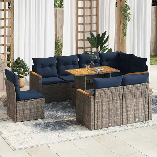 Salon de jardin 9 pcs avec coussins gris résine tressée