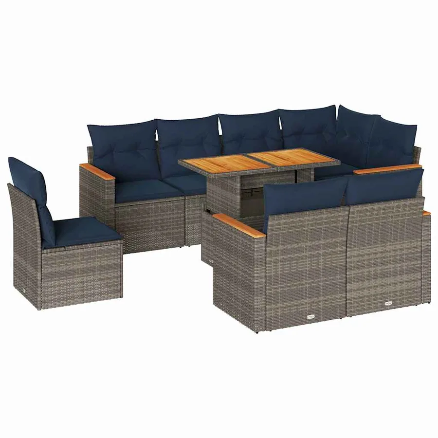 Salon de jardin 9 pcs avec coussins gris résine tressée - 2