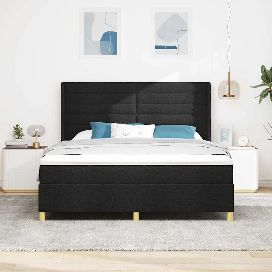Lit à ressorts avec matelas Noir 180 x 200 cm tissu