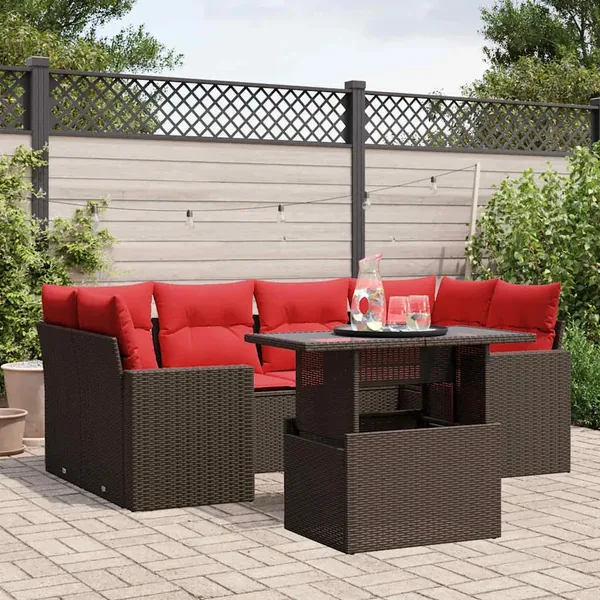 Ensemble de canapé de jardin 7 pcs avec coussins marron résine tressée
