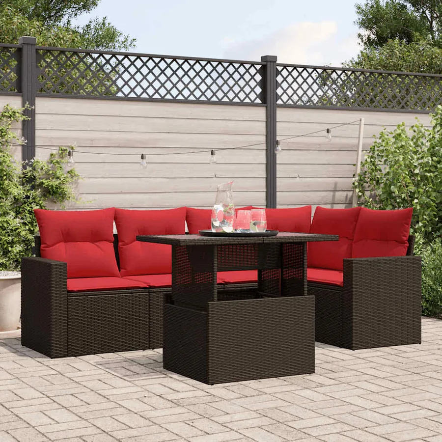 Ensemble de canapé de jardin 6 pcs avec coussins marron résine tressée