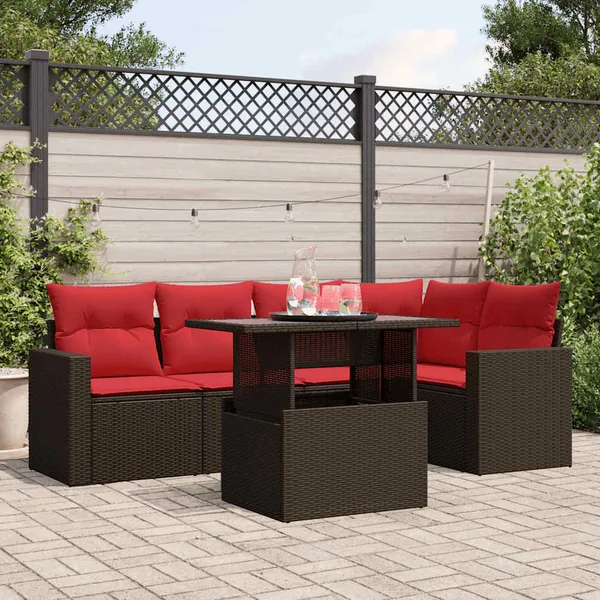 Ensemble de canapé de jardin 6 pcs avec coussins marron résine tressée