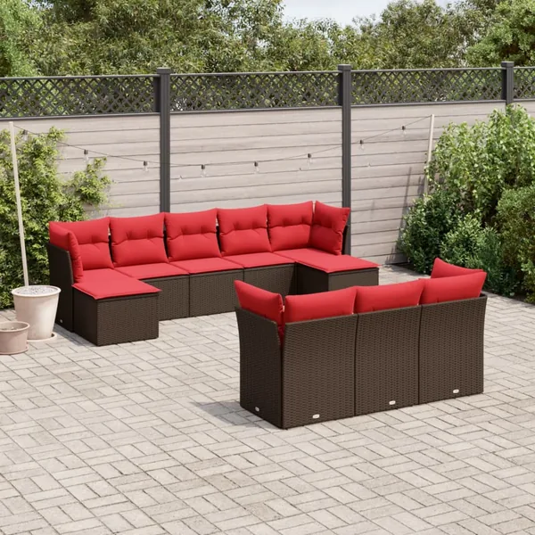 Ensemble de canapé de jardin 10 pcs avec coussins marron résine tressée