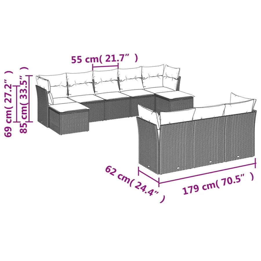 Ensemble de canapé de jardin 10 pcs avec coussins marron résine tressée - 7