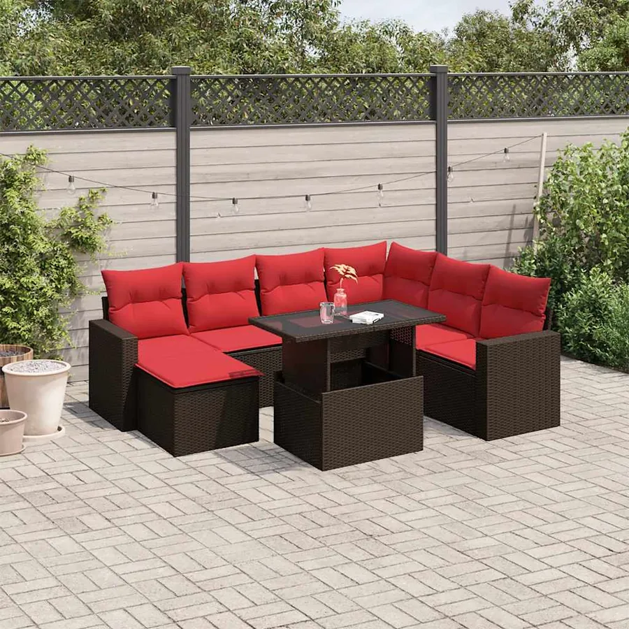 Ensemble de canapé de jardin 8 pcs avec coussins marron résine tressée