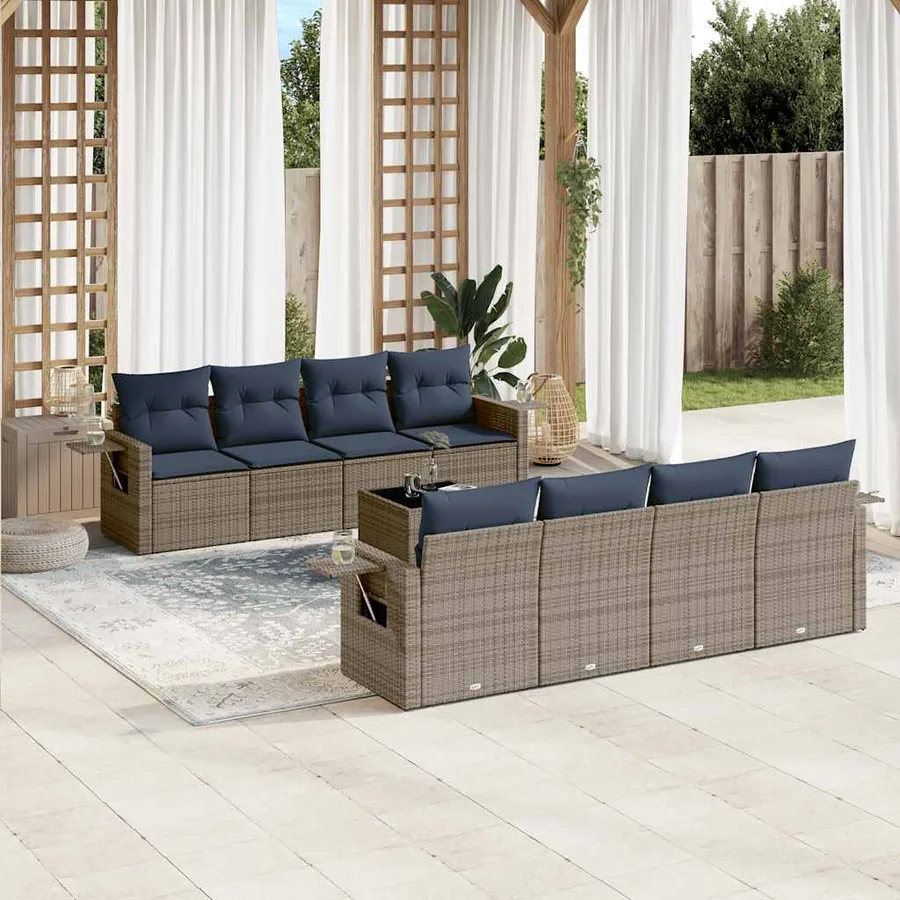 Ensemble de canapé de jardin 9 pcs avec coussins gris résine tressée
