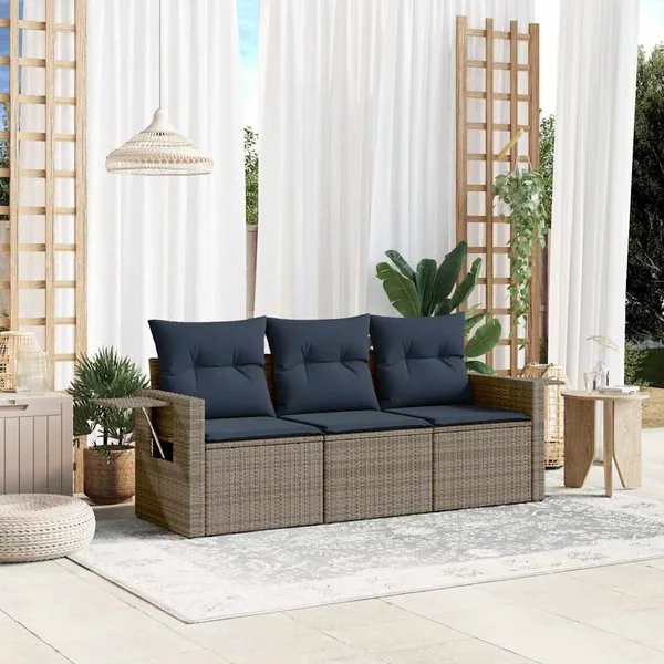 Ensemble de canapé de jardin 3 pcs avec coussins gris résine tressée