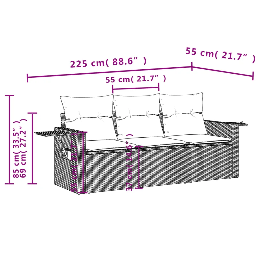Ensemble de canapé de jardin 3 pcs avec coussins gris résine tressée - 7