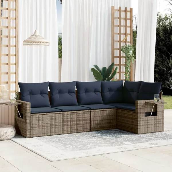 Ensemble de canapé de jardin 5 pcs avec coussins gris résine tressée