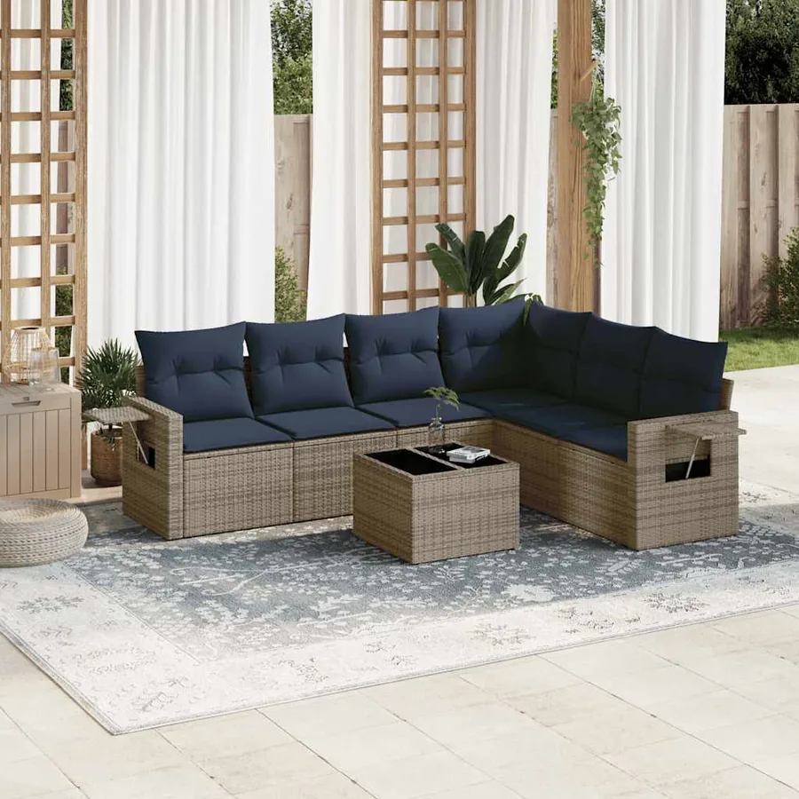 Ensemble de canapé de jardin 7 pcs avec coussins gris résine tressée