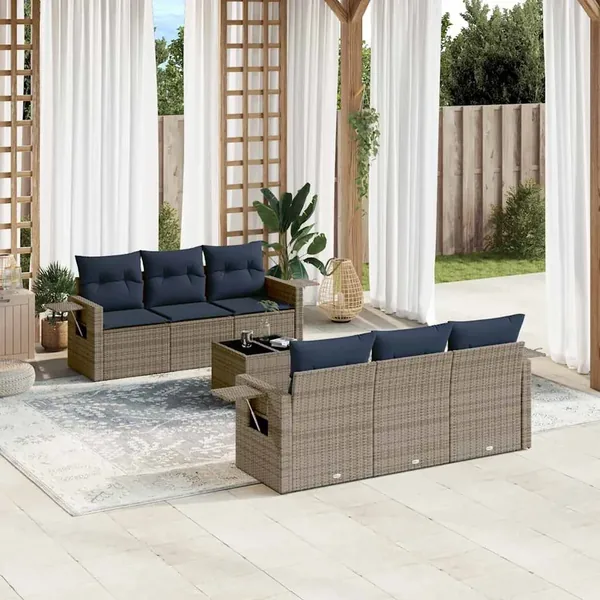 Ensemble de canapé de jardin 7 pcs avec coussins gris résine tressée