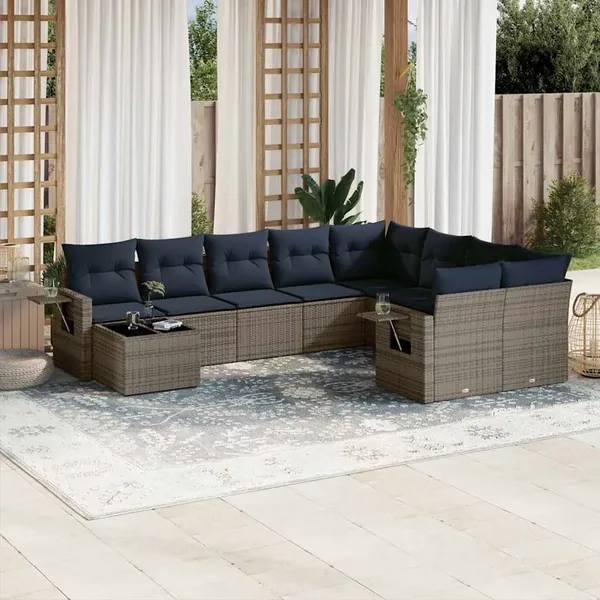 Ensemble de canapé de jardin 10 pcs avec coussins gris résine tressée