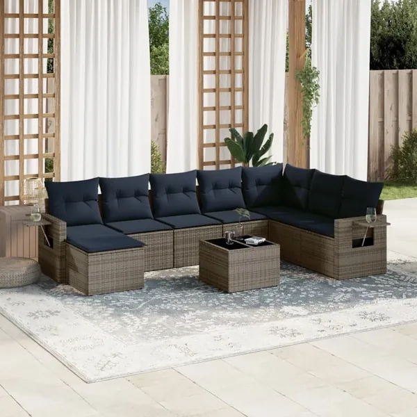 Ensemble de canapé de jardin 9 pcs avec coussins gris résine tressée