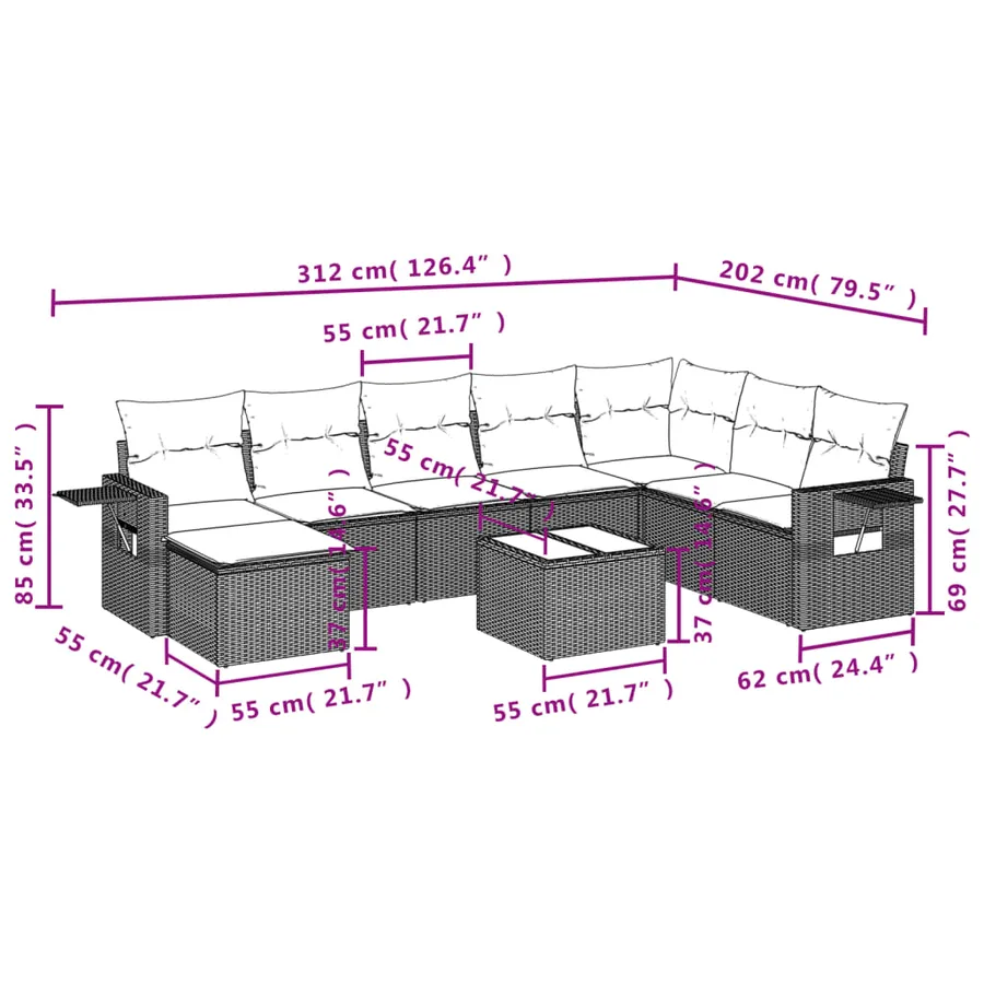 Ensemble de canapé de jardin 9 pcs avec coussins gris résine tressée - 10
