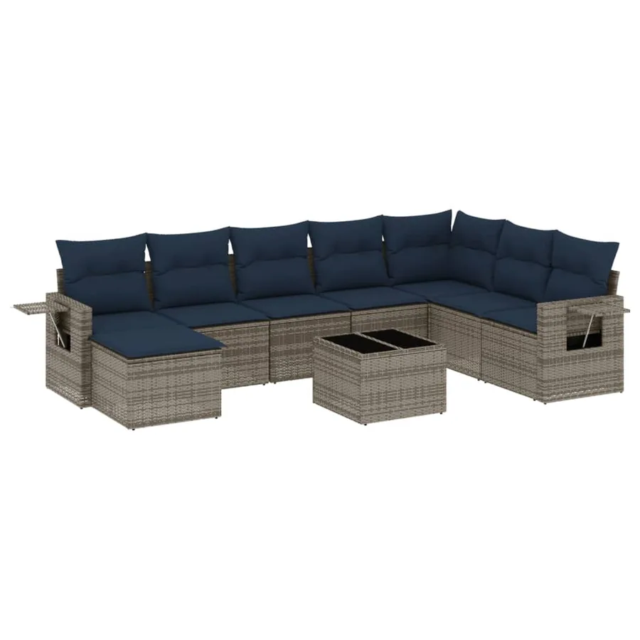 Ensemble de canapé de jardin 9 pcs avec coussins gris résine tressée - 2