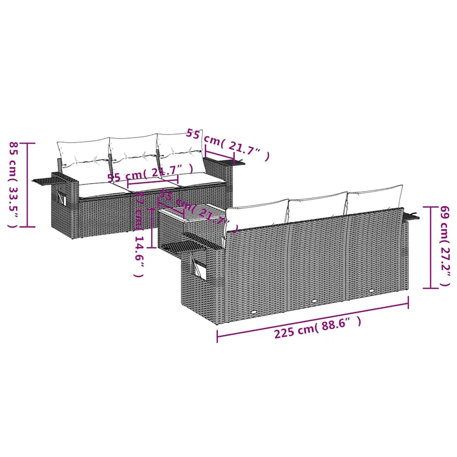 Ensemble de canapé de jardin 7 pcs avec coussins gris résine tressée - 8