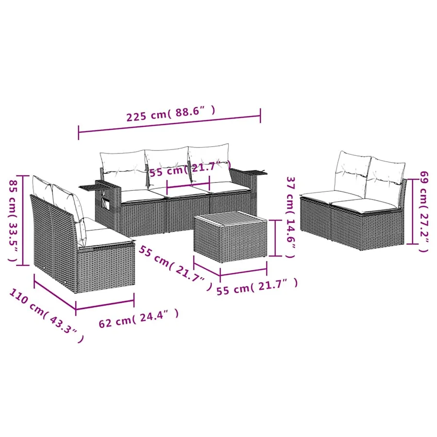 Ensemble de canapé de jardin 8 pcs avec coussins gris résine tressée - 8