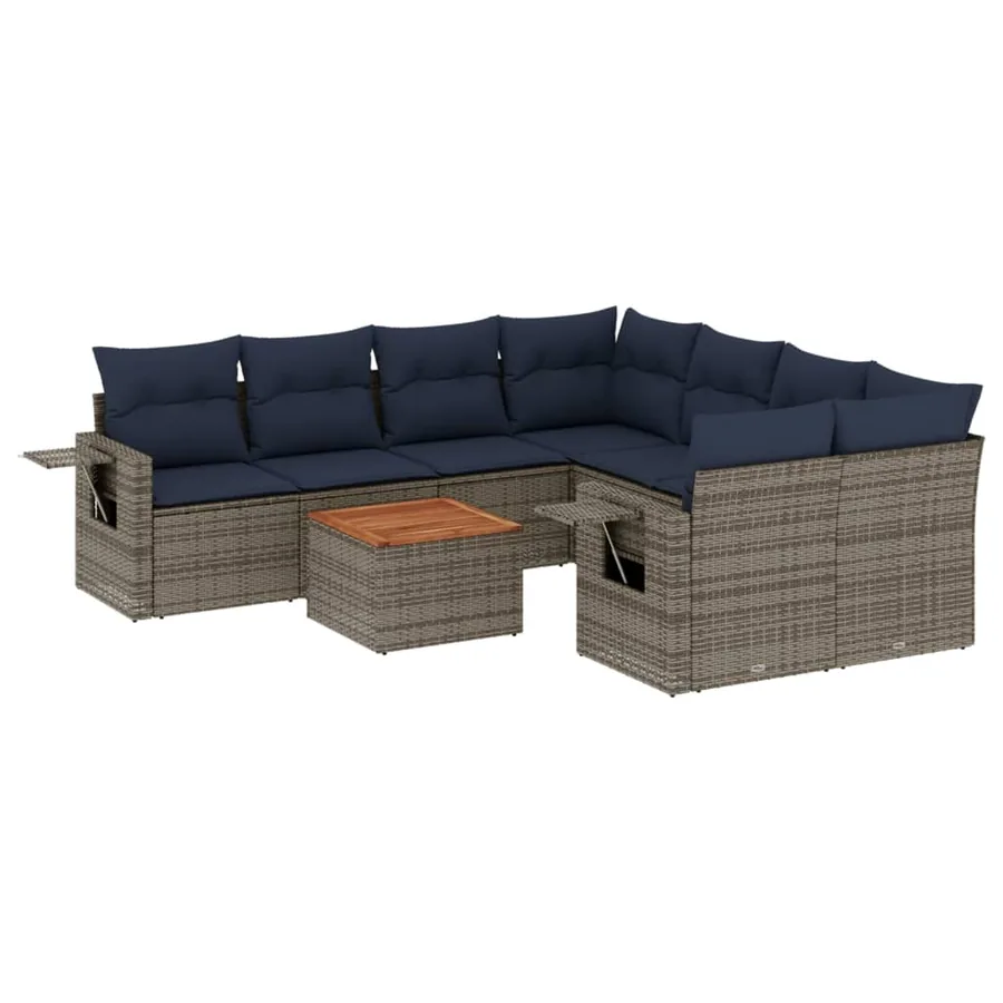 Ensemble de canapé de jardin 9 pcs avec coussins gris résine tressée - 2