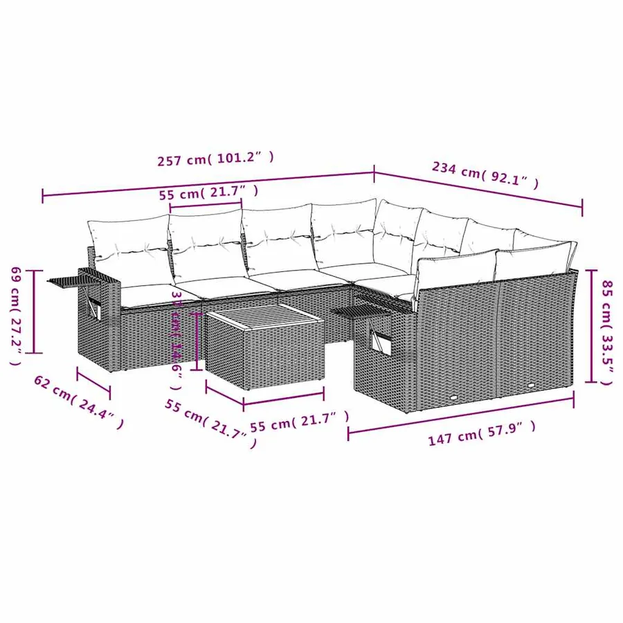 Ensemble de canapé de jardin 9 pcs avec coussins gris résine tressée - 9