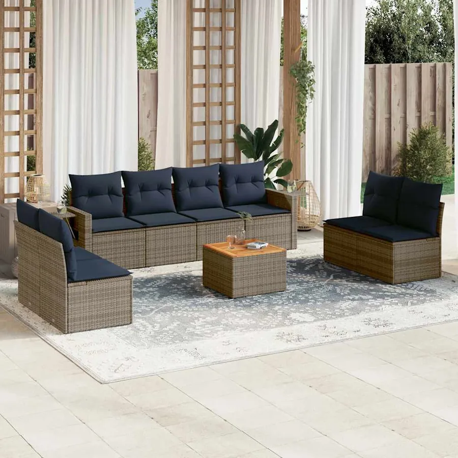 Ensemble de canapé de jardin 9 pcs avec coussins gris résine tressée