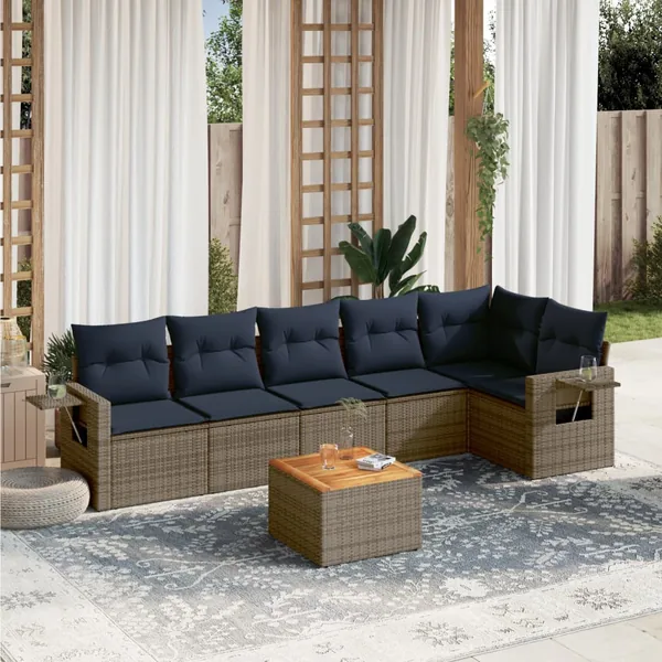 Ensemble de canapé de jardin 7 pcs avec coussins gris résine tressée