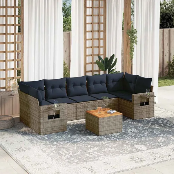 Ensemble de canapé de jardin 8 pcs avec coussins gris résine tressée