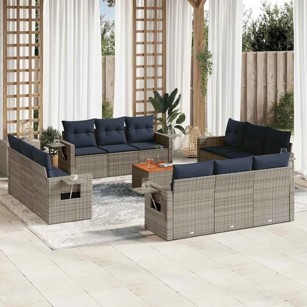 Ensemble de canapé de jardin 13 pcs avec coussins gris résine tressée