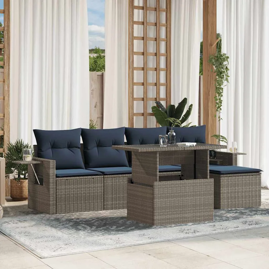 Ensemble de canapé de jardin 6 pcs avec coussins gris résine tressée