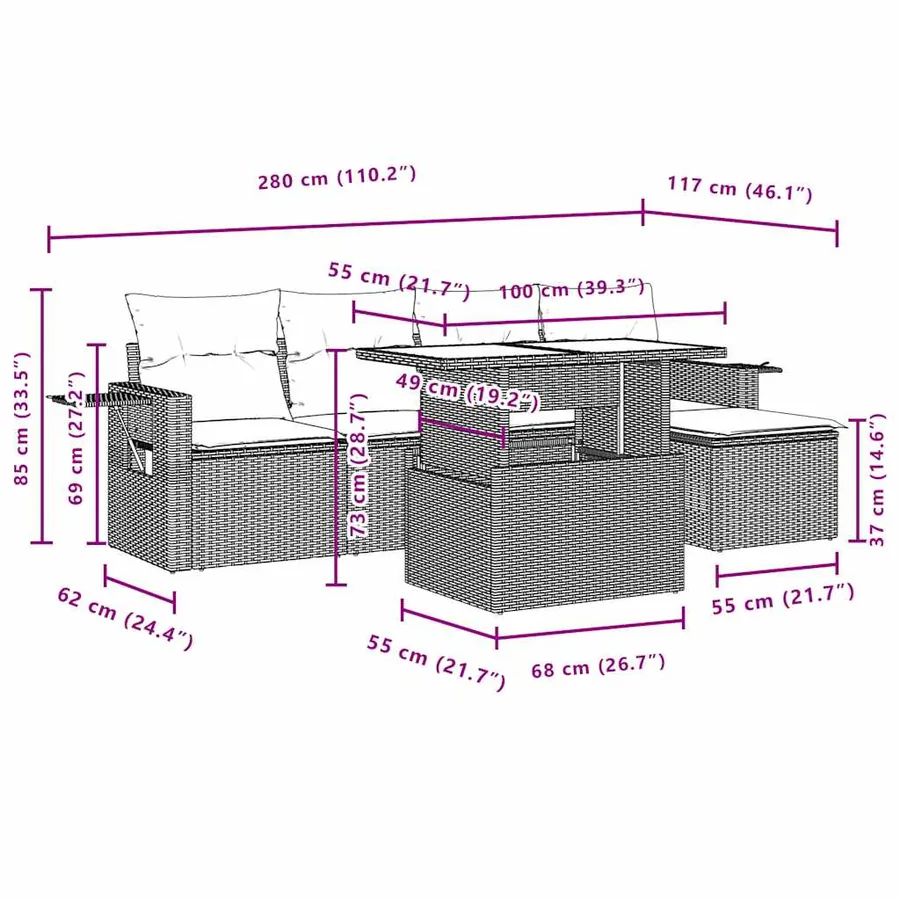 Ensemble de canapé de jardin 6 pcs avec coussins gris résine tressée - 11