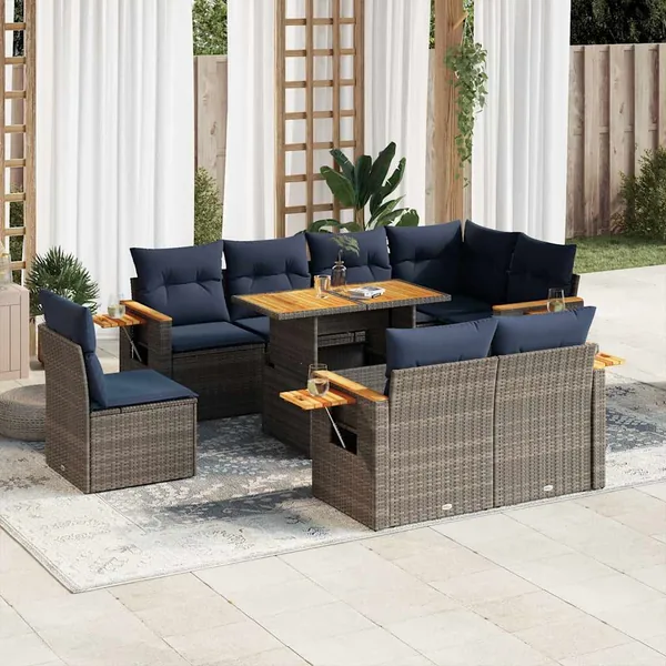 Salon de jardin avec coussins 9 pcs gris résine tressée acacia