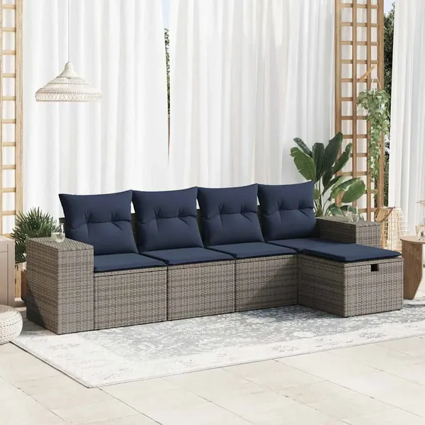 Salon de jardin 5 pcs avec coussins gris résine tressée