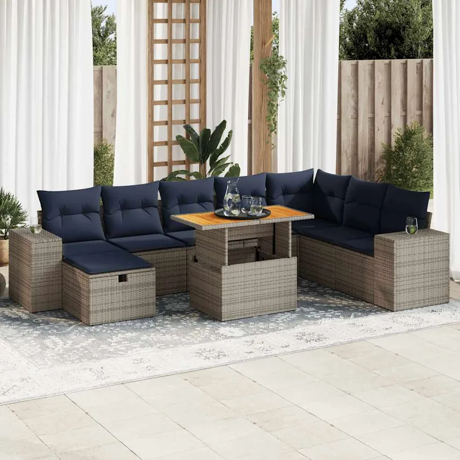 Salon de jardin avec coussins 9 pcs gris résine tressée acacia