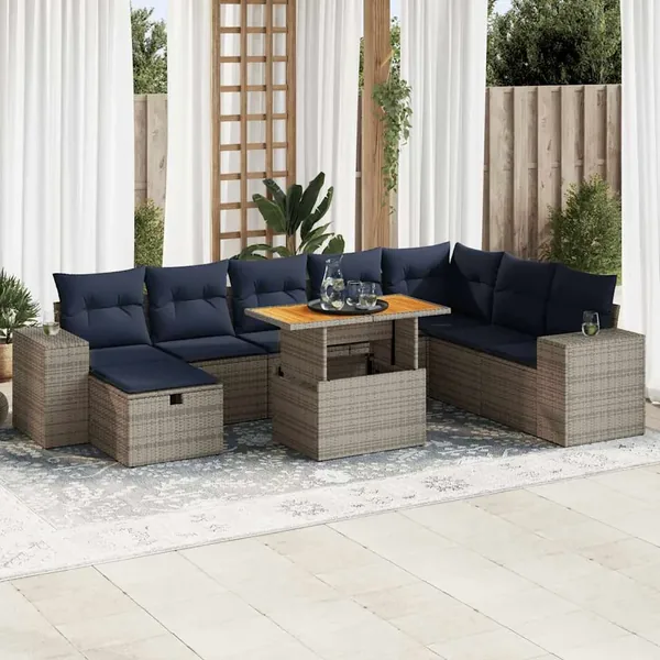 Salon de jardin avec coussins 9 pcs gris résine tressée acacia
