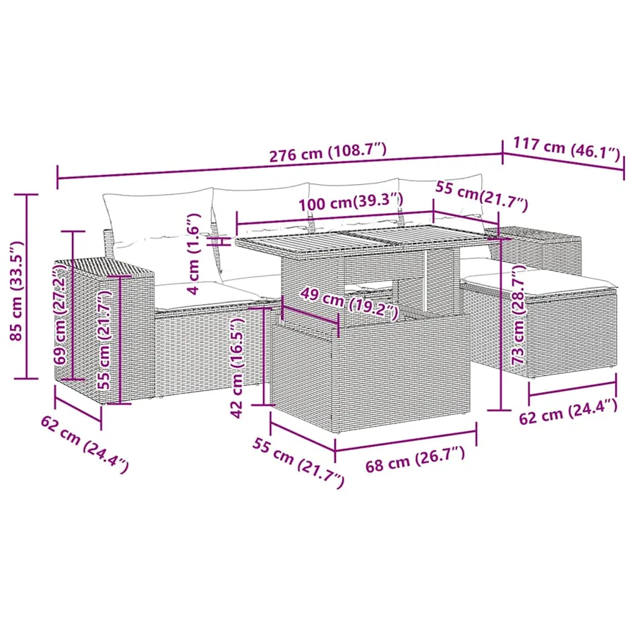 Salon de jardin 6 pcs avec coussins gris résine tressée - 13