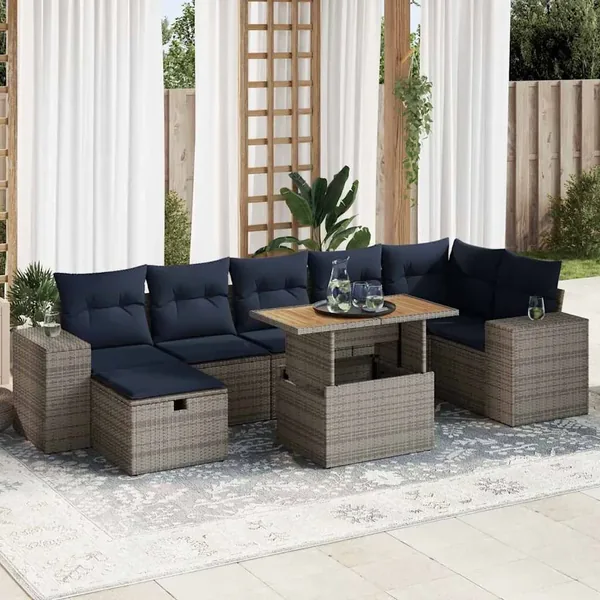 Salon de jardin 8pcs avec coussins marron résine tressée acacia