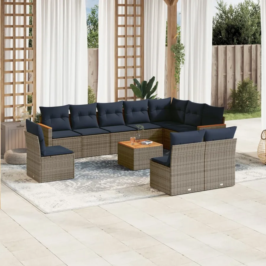 Ensemble de canapé de jardin 11 pcs avec coussins gris résine tressée