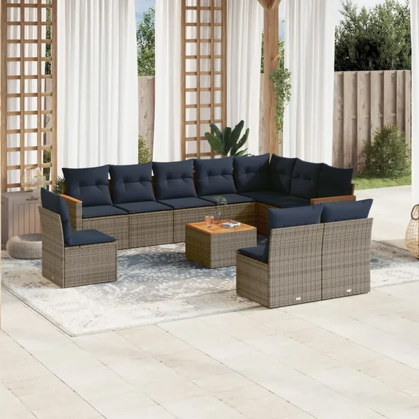 Ensemble de canapé de jardin 11 pcs avec coussins gris résine tressée