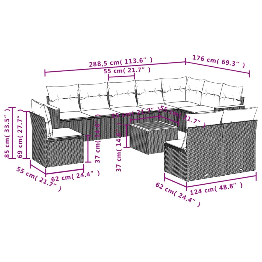 Ensemble de canapé de jardin 11 pcs avec coussins gris résine tressée - 8
