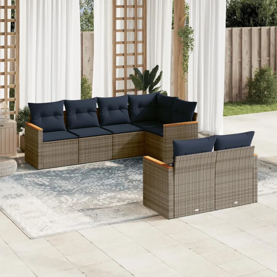 Ensemble de canapé de jardin 7 pcs avec coussins gris résine tressée
