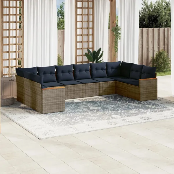 Ensemble de canapé de jardin 10 pcs avec coussins gris résine tressée