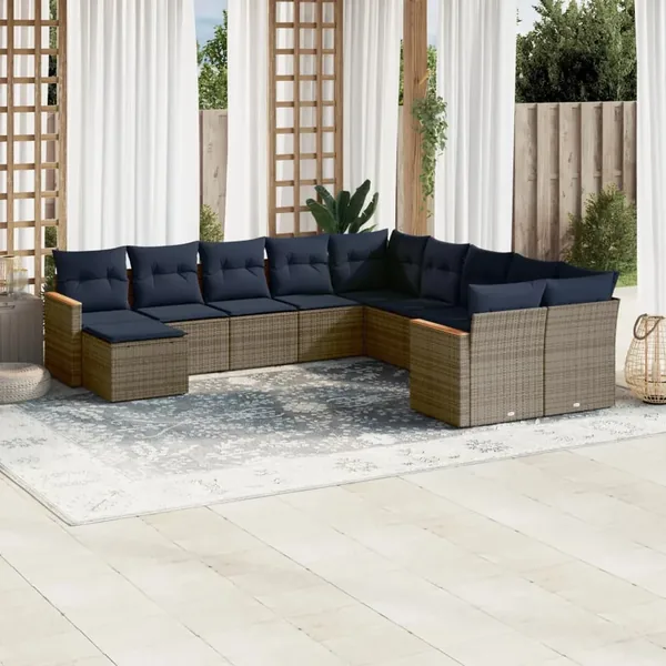 Ensemble de canapé de jardin 11 pcs avec coussins gris résine tressée
